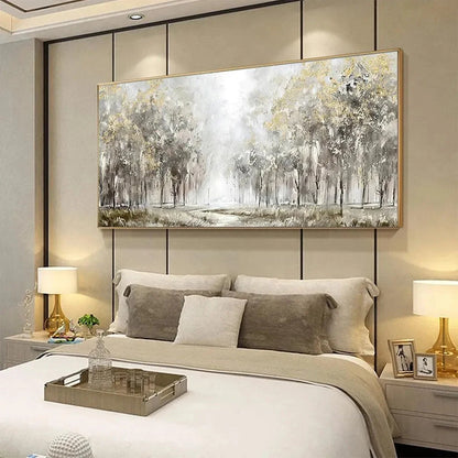 GOLDEN FOREST PATH: Textured Forest Landscape Painting, Panoramic Wall Art | gold frame stretched on neutral wall