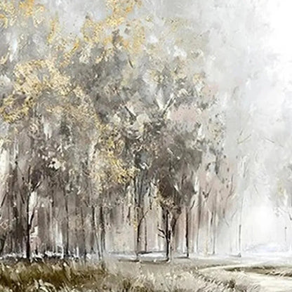 GOLDEN FOREST PATH: Textured Forest Landscape Painting, Panoramic Wall Art | rolled canvas, ready for custom framing