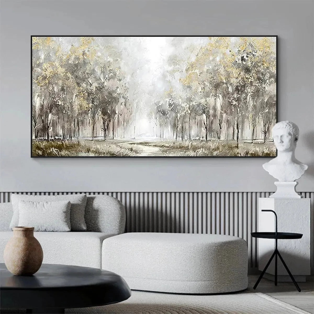 GOLDEN FOREST PATH: Textured Forest Landscape Painting, Panoramic Wall Art | black frame version on white wall