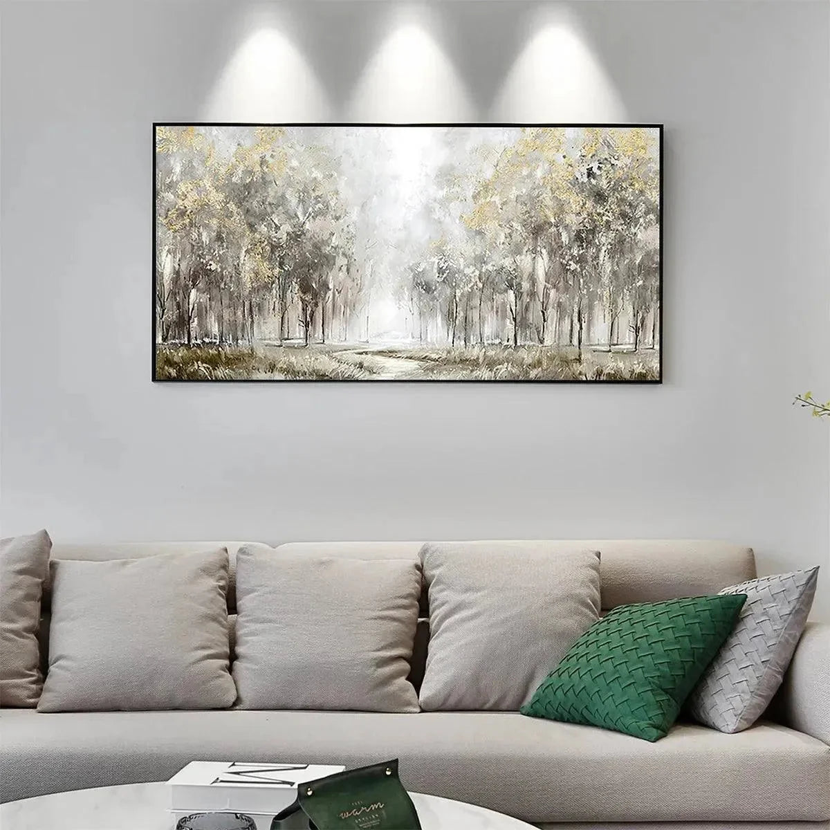 GOLDEN FOREST PATH: Textured Forest Landscape Painting, Panoramic Wall Art | green palette, original oil on stretched canvas art