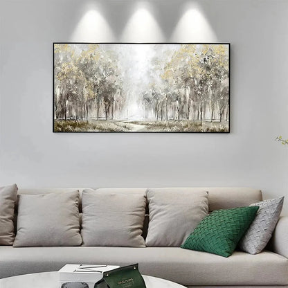 GOLDEN FOREST PATH: Textured Forest Landscape Painting, Panoramic Wall Art | green palette, original oil on stretched canvas art