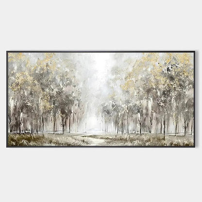GOLDEN FOREST PATH: Textured Forest Landscape Painting, Panoramic Wall Art | hanging in living room, Landscape wall art