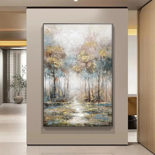 GOLDEN FOREST PATH: Textured Forest Landscape Painting, Vertical Wall Art