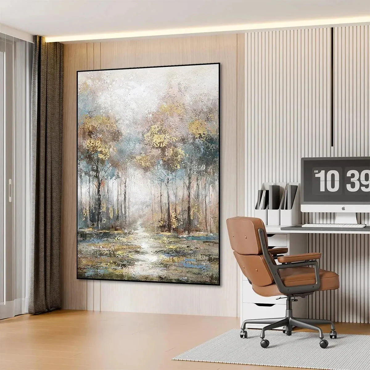 GOLDEN FOREST PATH: Textured Forest Landscape Painting, Vertical Wall Art | gold frame stretched on neutral wall
