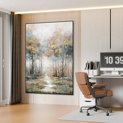 GOLDEN FOREST PATH: Textured Forest Landscape Painting, Vertical Wall Art | gold frame stretched on neutral wall