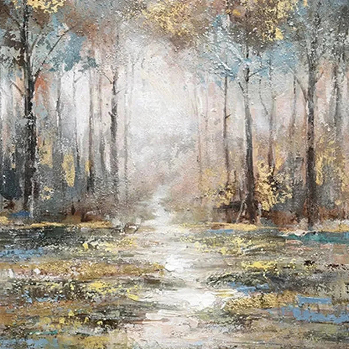 GOLDEN FOREST PATH: Textured Forest Landscape Painting, Vertical Wall Art | rolled canvas, ready for custom framing