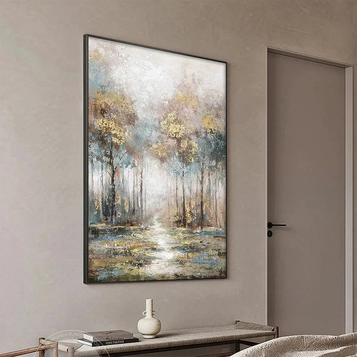 GOLDEN FOREST PATH: Textured Forest Landscape Painting, Vertical Wall Art | black frame version on white wall