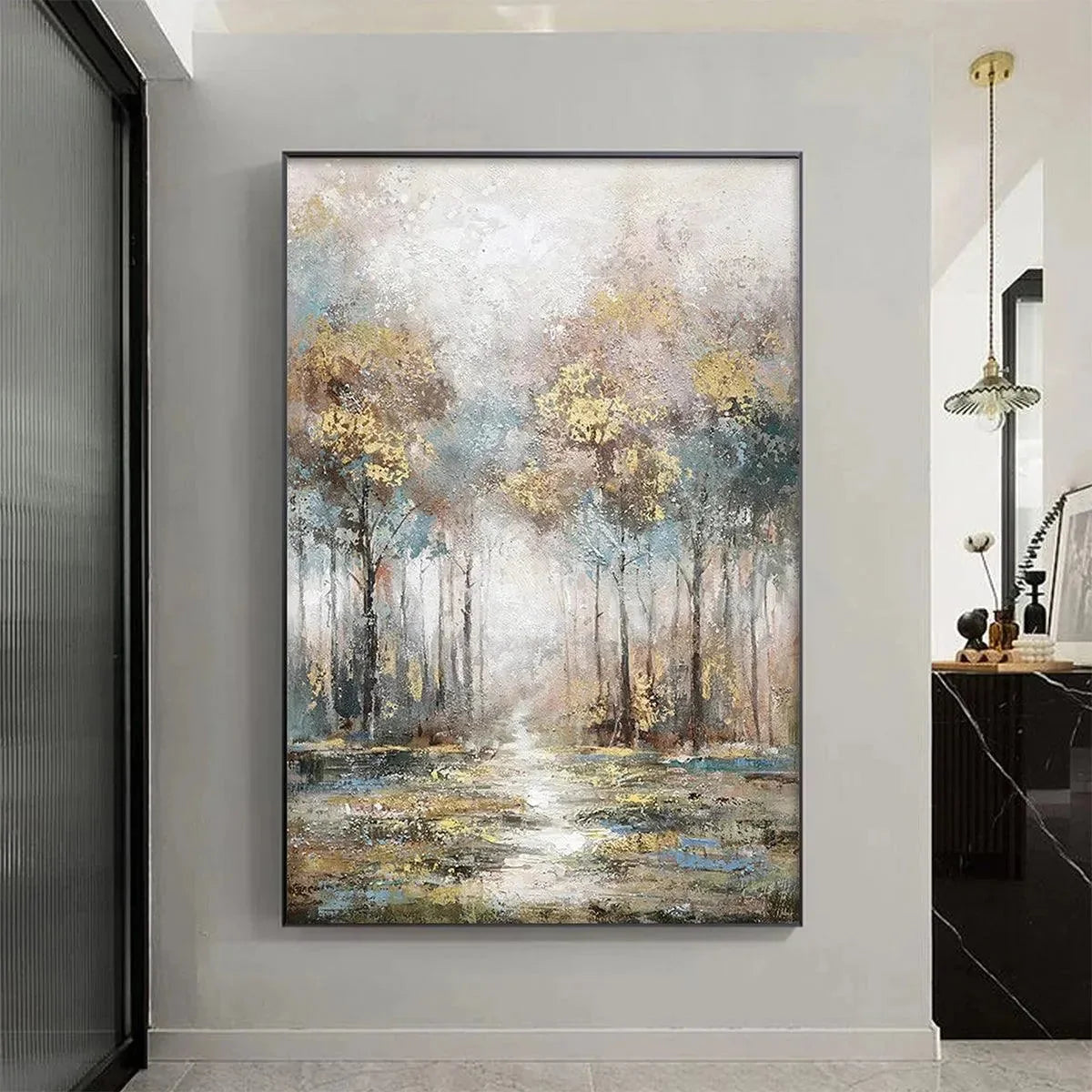 GOLDEN FOREST PATH: Textured Forest Landscape Painting, Vertical Wall Art | Landscape mood, soft natural light studio shot