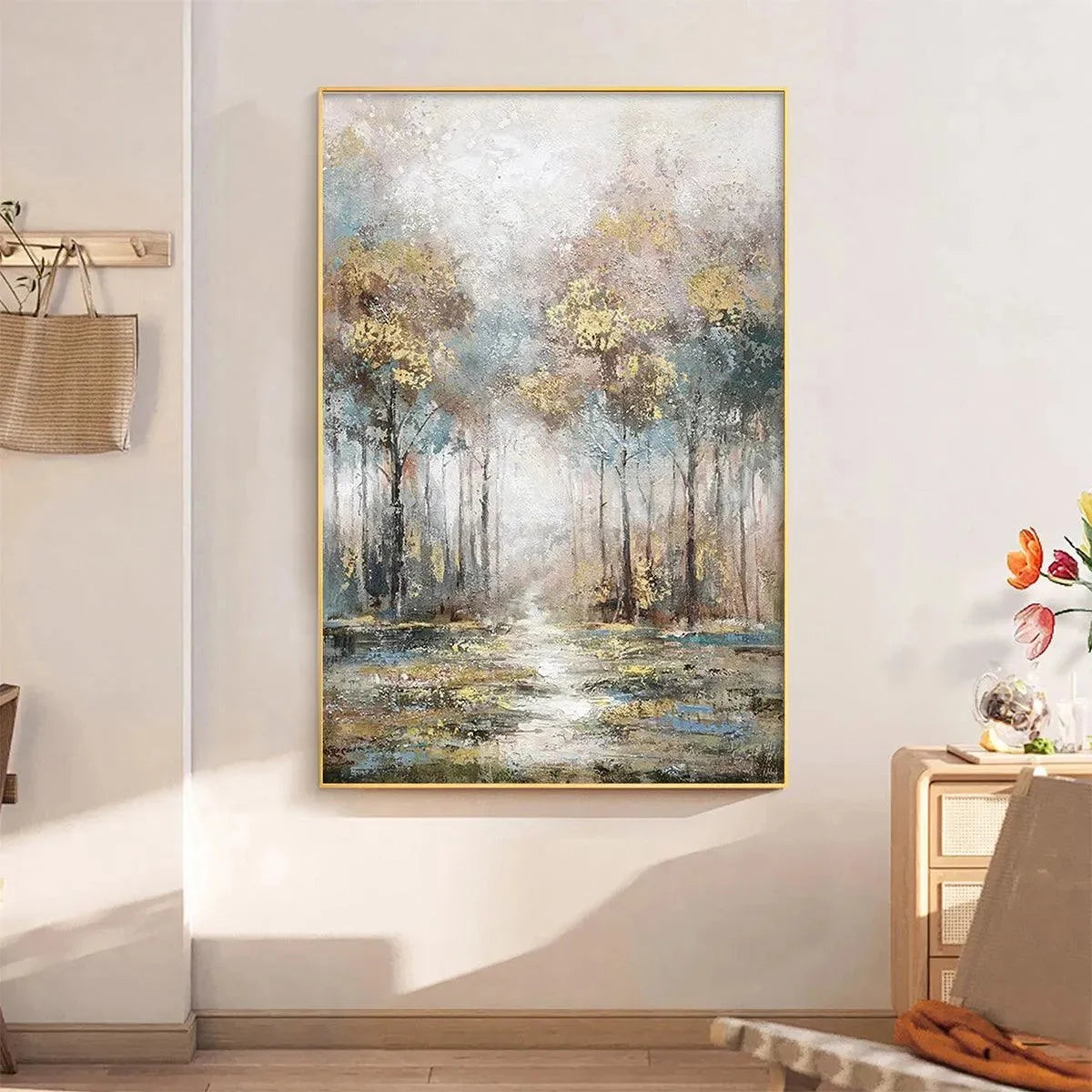 GOLDEN FOREST PATH: Textured Forest Landscape Painting, Vertical Wall Art | green palette, original oil on stretched canvas art