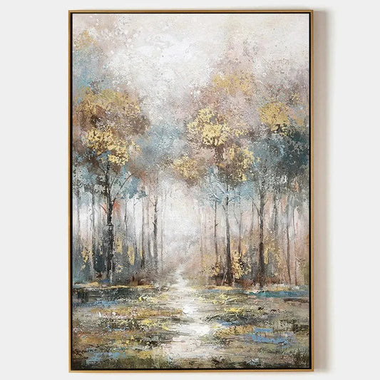 GOLDEN FOREST PATH: Textured Forest Landscape Painting, Vertical Wall Art | hanging in living room, Landscape wall art