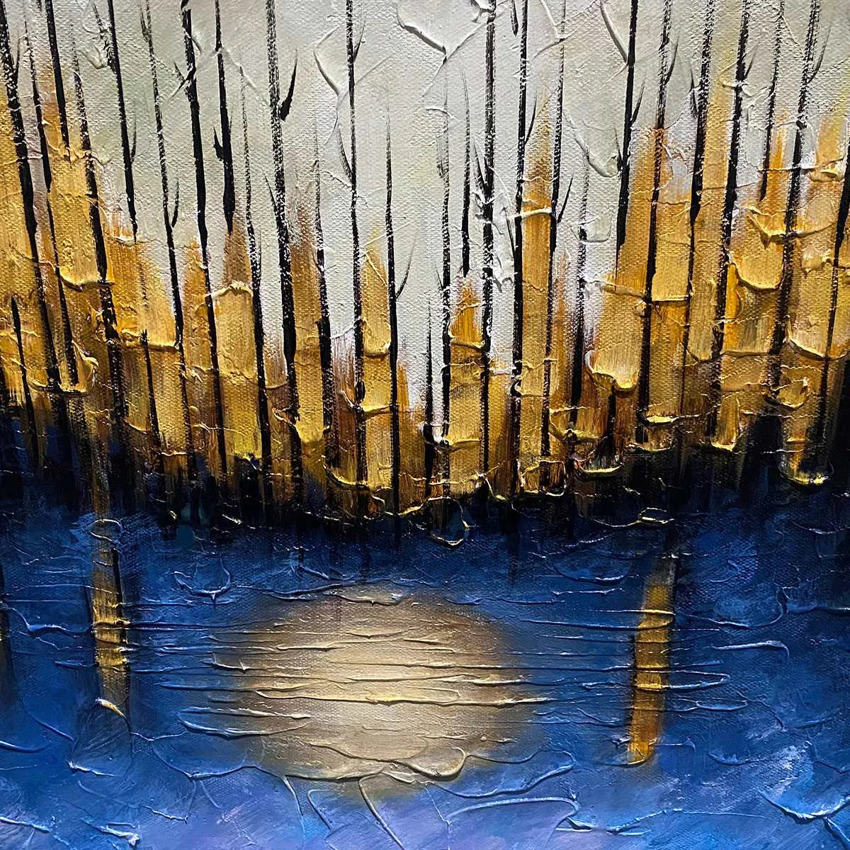 GOLDEN FOREST REFLECTION: Textured Landscape Oil Painting | rectangular format, hand-painted canvas edge