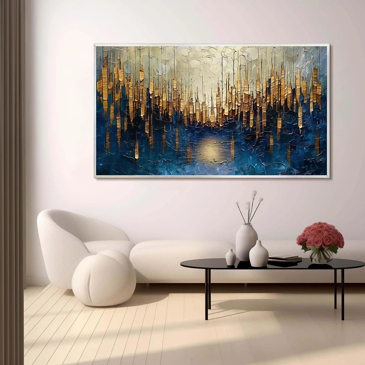 GOLDEN FOREST REFLECTION: Textured Landscape Oil Painting | gold frame stretched on neutral wall