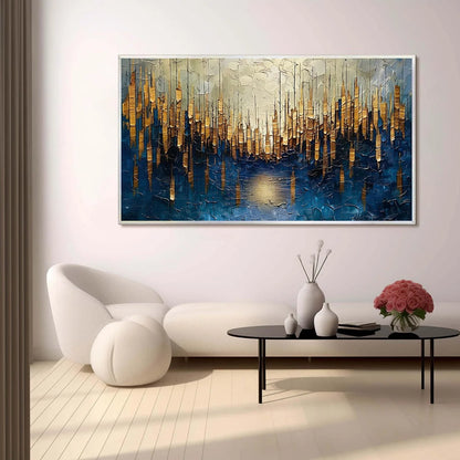 GOLDEN FOREST REFLECTION: Textured Landscape Oil Painting | gold frame stretched on neutral wall