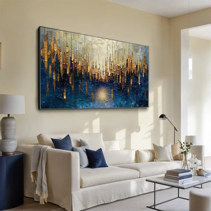 GOLDEN FOREST REFLECTION: Textured Landscape Oil Painting | black frame version on white wall