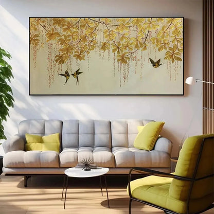 GOLDEN GARDEN: Panoramic Golden Leaf and Bird Painting | Asian Art | Figurative closeup, raised brushwork detail