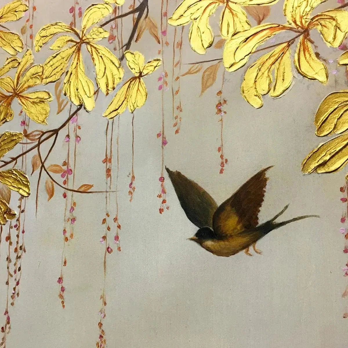 GOLDEN GARDEN: Panoramic Golden Leaf and Bird Painting | Asian Art | rectangular format, hand-painted canvas edge