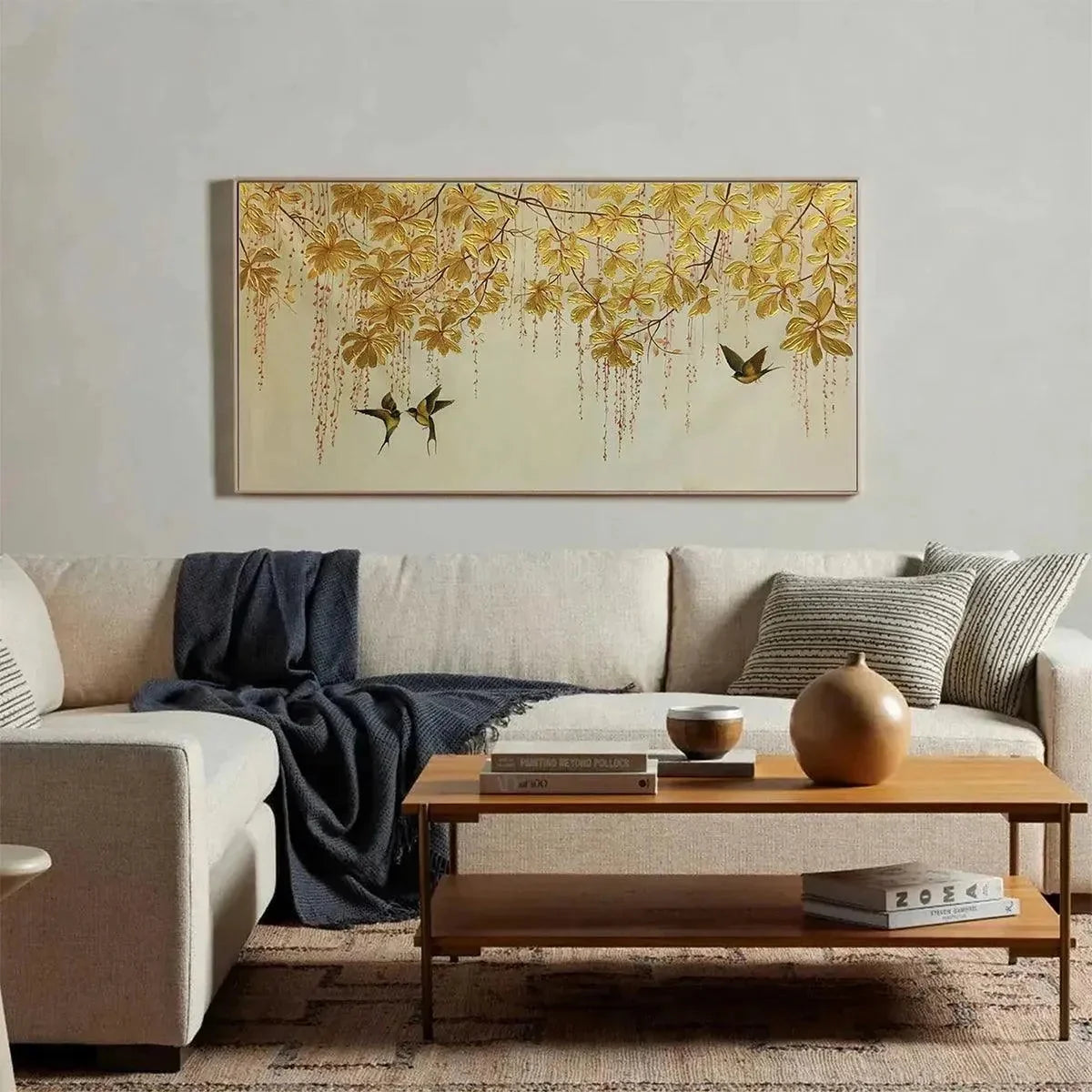GOLDEN GARDEN: Panoramic Golden Leaf and Bird Painting | Asian Art | gold frame stretched on neutral wall