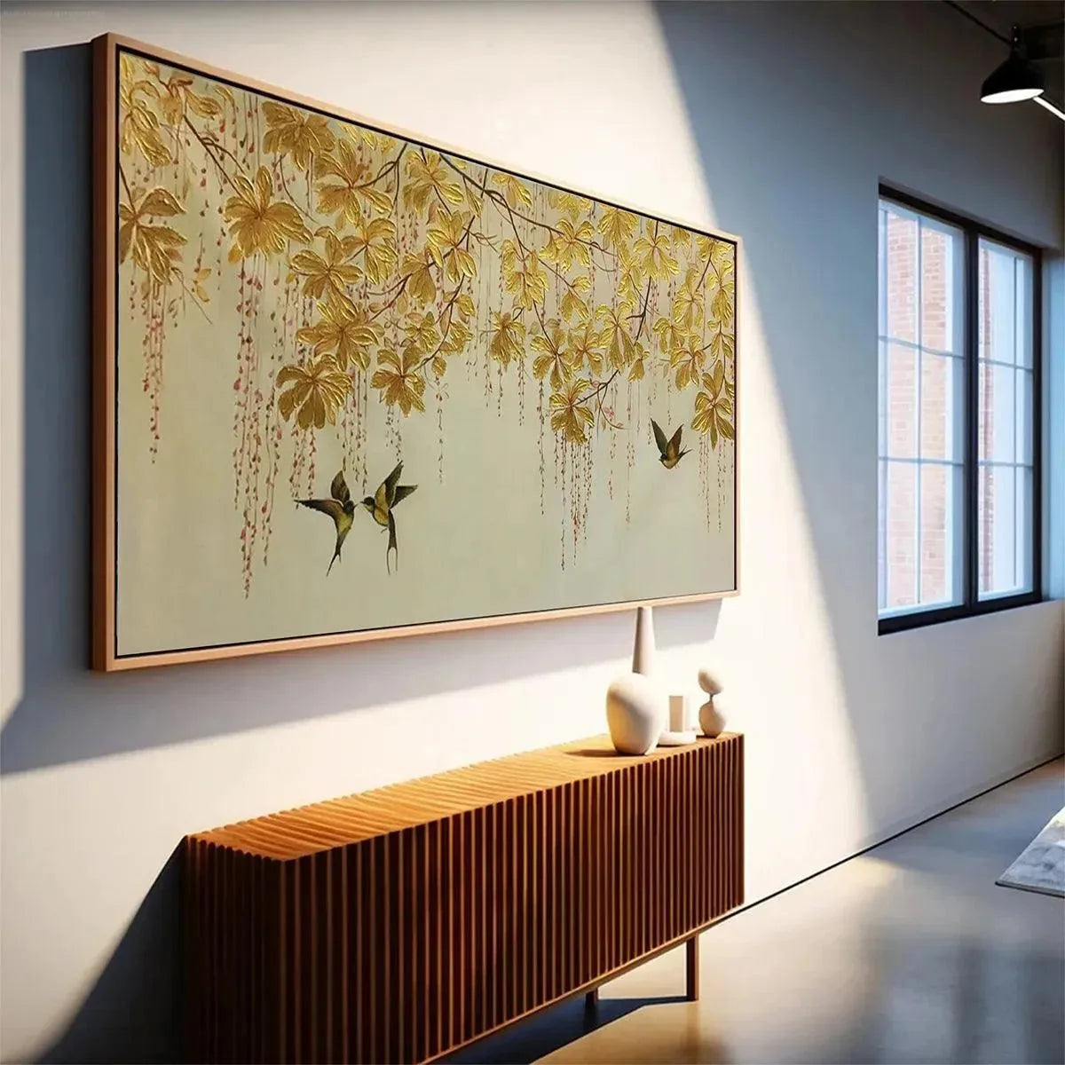 GOLDEN GARDEN: Panoramic Golden Leaf and Bird Painting | Asian Art | rolled canvas, ready for custom framing