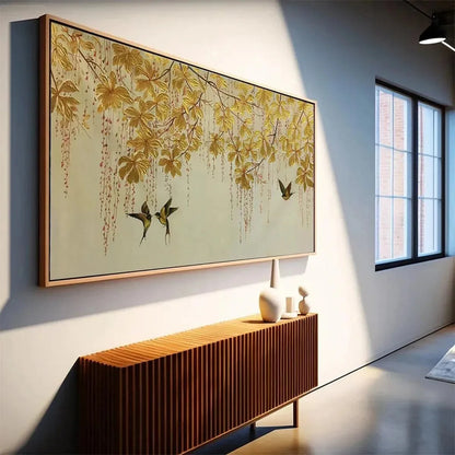 GOLDEN GARDEN: Panoramic Golden Leaf and Bird Painting | Asian Art | rolled canvas, ready for custom framing