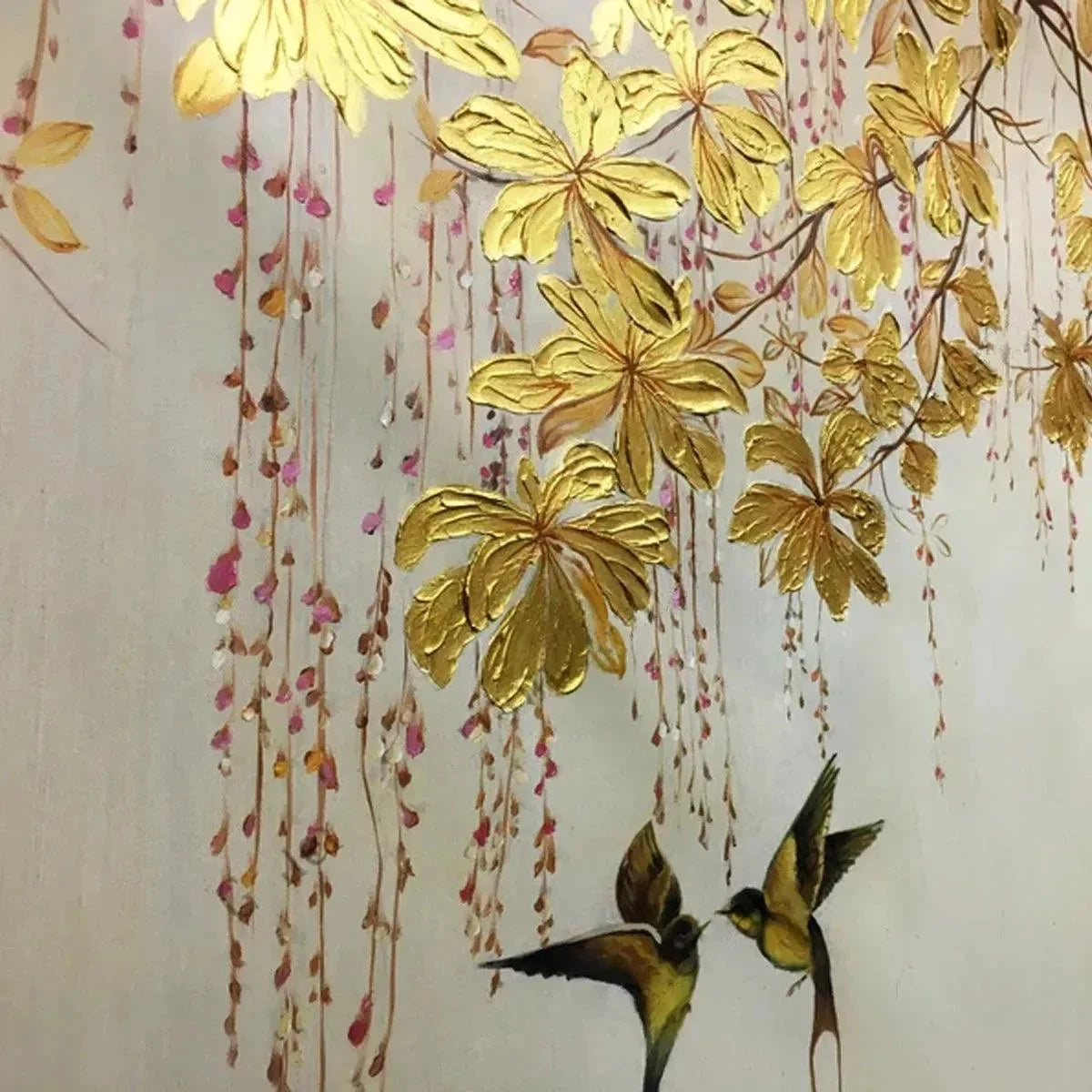 GOLDEN GARDEN: Panoramic Golden Leaf and Bird Painting | Asian Art | black frame version on white wall