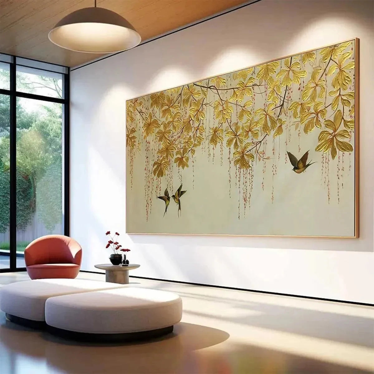 GOLDEN GARDEN: Panoramic Golden Leaf and Bird Painting | Asian Art | Figurative mood, soft natural light studio shot