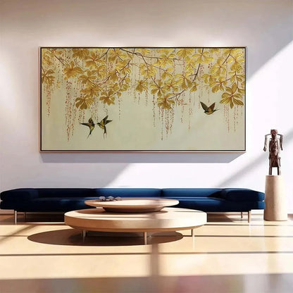 GOLDEN GARDEN: Panoramic Golden Leaf and Bird Painting | Asian Art | yellow palette, original oil on stretched canvas art