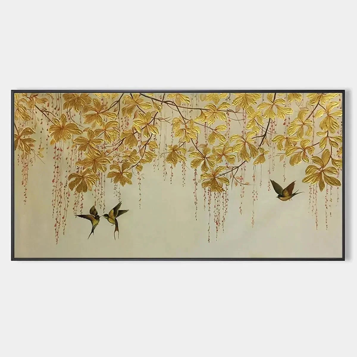 GOLDEN GARDEN: Panoramic Golden Leaf and Bird Painting | Asian Art | hanging in living room, Figurative wall art