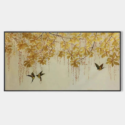 GOLDEN GARDEN: Panoramic Golden Leaf and Bird Painting | Asian Art | hanging in living room, Figurative wall art