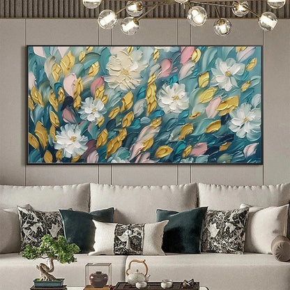 GOLDEN GARDEN: Textured Floral Painting in Teal and Gold | Abstract closeup, raised brushwork detail