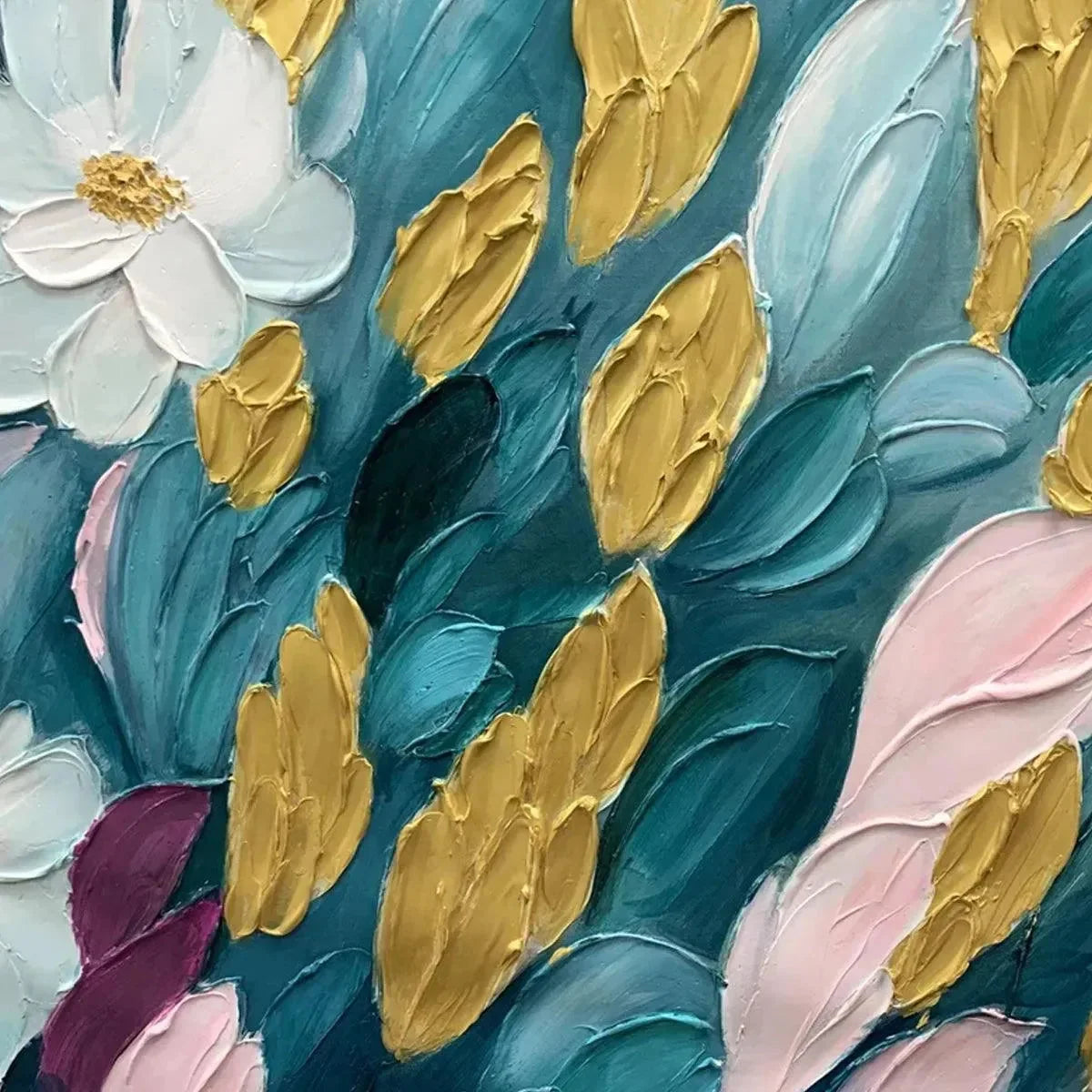 GOLDEN GARDEN: Textured Floral Painting in Teal and Gold | rectangular format, hand-painted canvas edge
