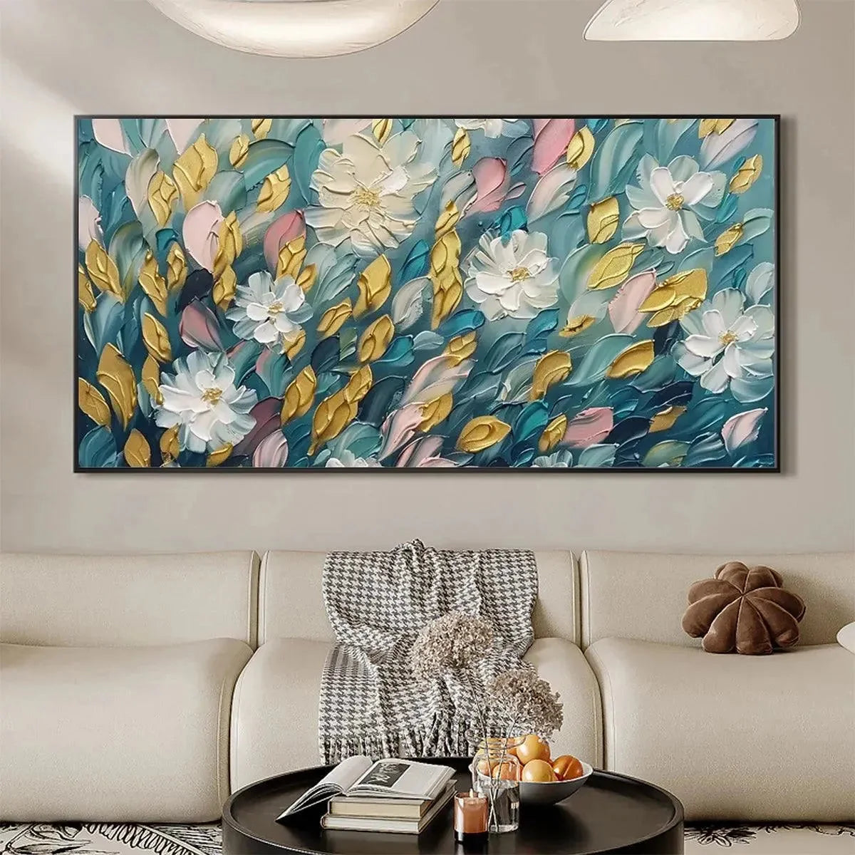 GOLDEN GARDEN: Textured Floral Painting in Teal and Gold | gold frame stretched on neutral wall
