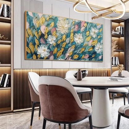 GOLDEN GARDEN: Textured Floral Painting in Teal and Gold | black frame version on white wall