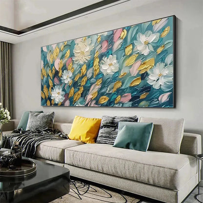GOLDEN GARDEN: Textured Floral Painting in Teal and Gold | Abstract mood, soft natural light studio shot