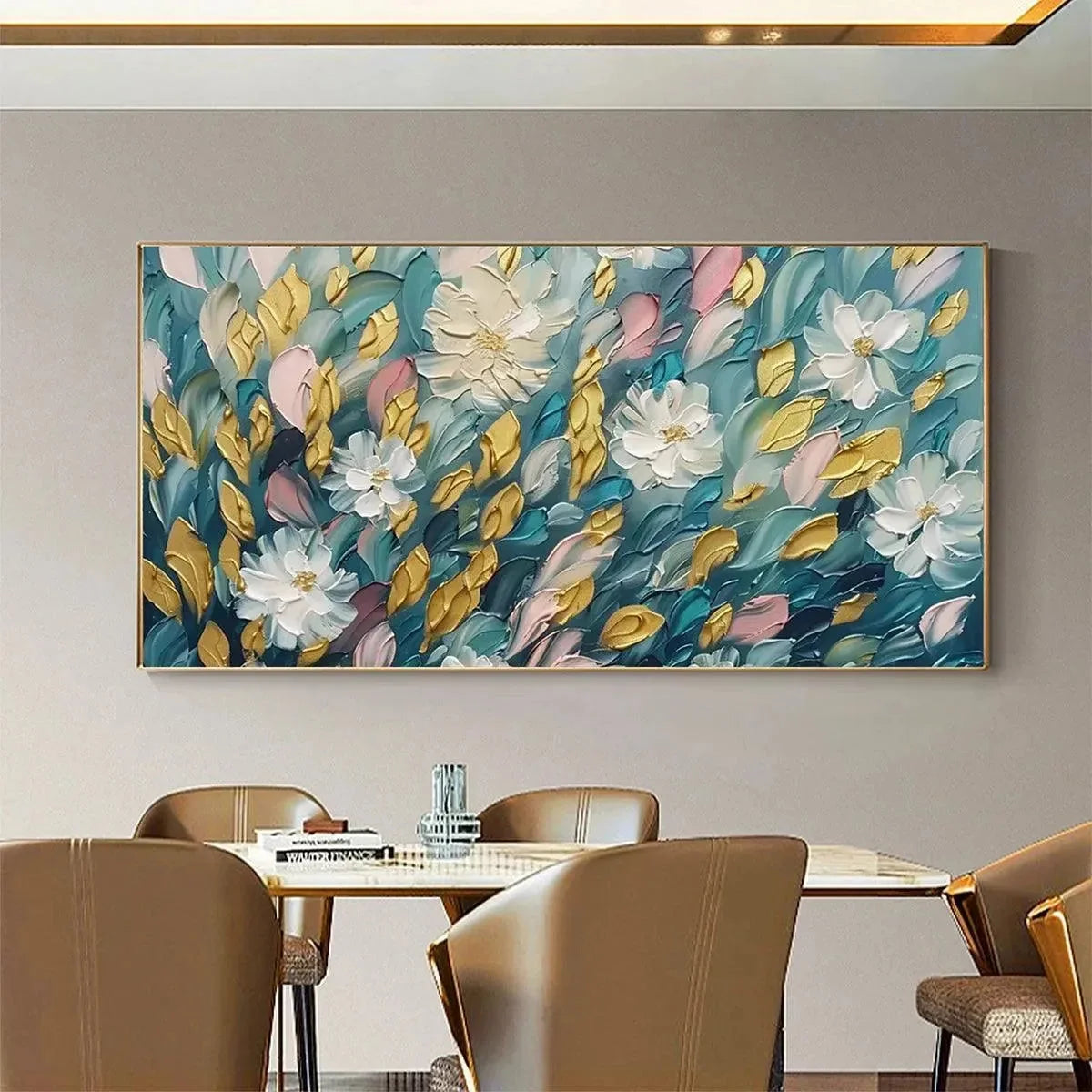 GOLDEN GARDEN: Textured Floral Painting in Teal and Gold | green palette, original oil on stretched canvas art