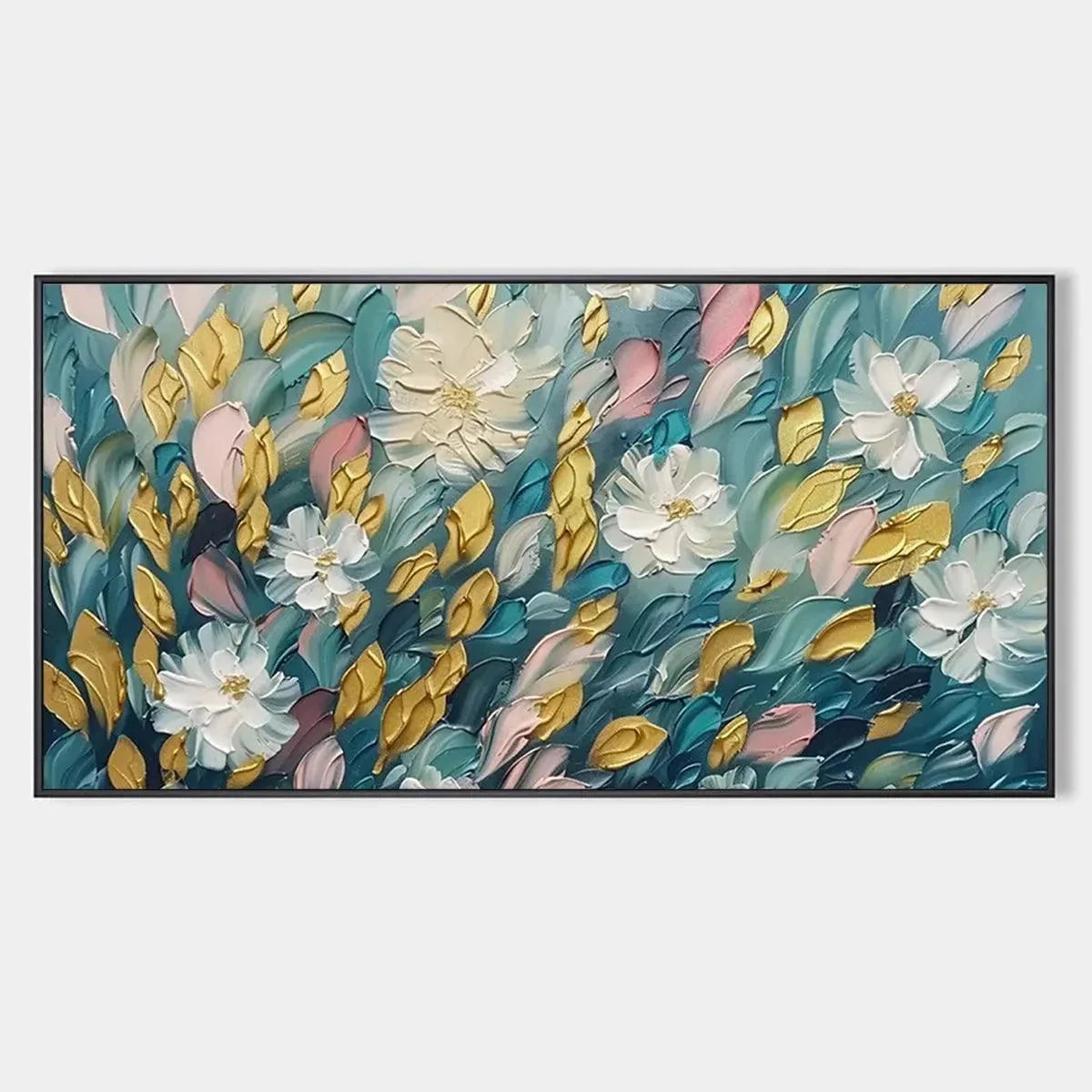 GOLDEN GARDEN: Textured Floral Painting in Teal and Gold | hanging in living room, Abstract wall art