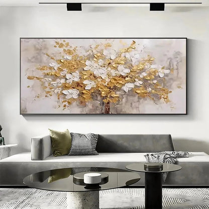 GOLDEN GARDEN: Textured White and Gold Floral Impasto Painting | Abstract closeup, raised brushwork detail