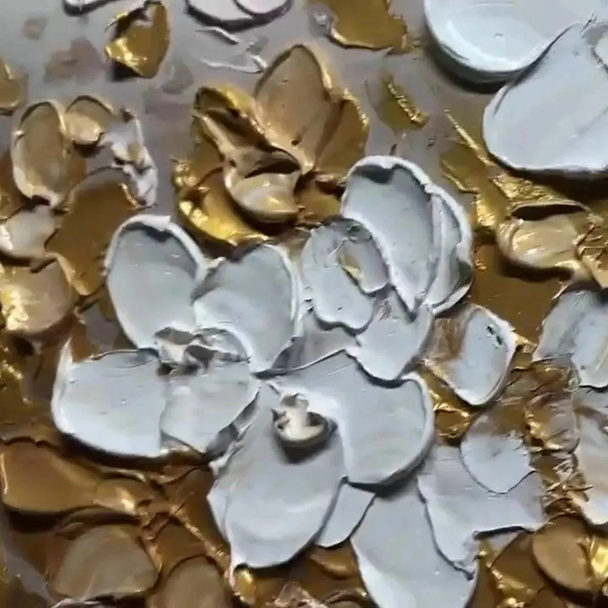 GOLDEN GARDEN: Textured White and Gold Floral Impasto Painting | rectangular format, hand-painted canvas edge