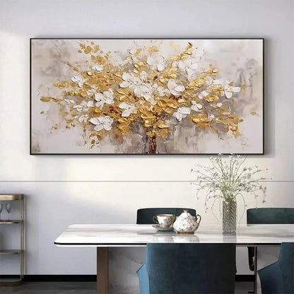 GOLDEN GARDEN: Textured White and Gold Floral Impasto Painting | gold frame stretched on neutral wall