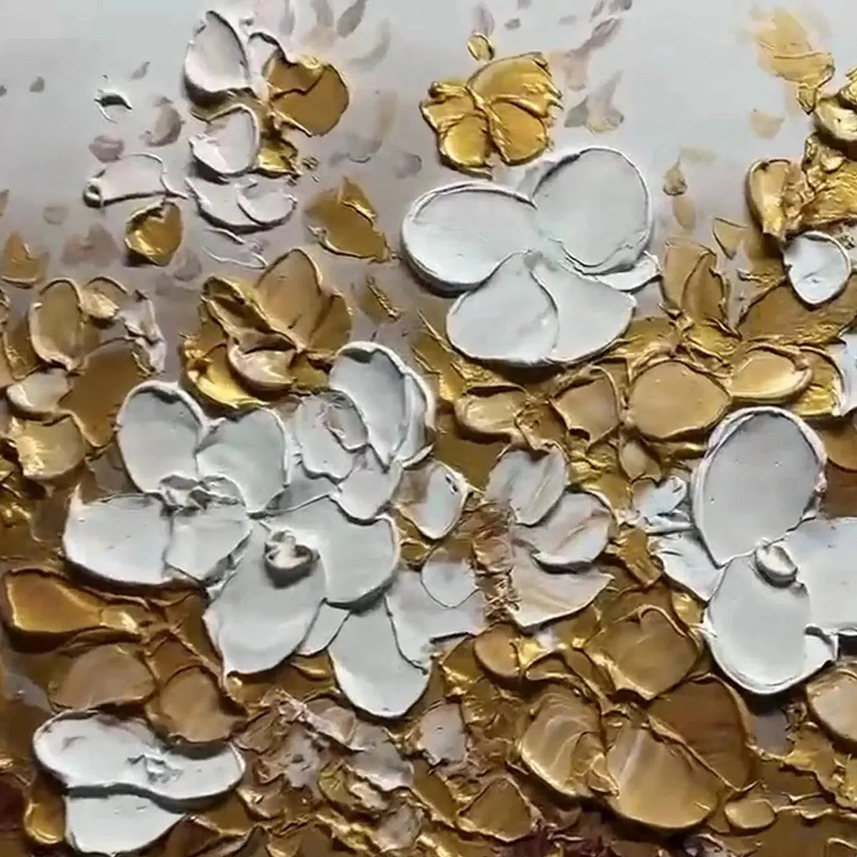 GOLDEN GARDEN: Textured White and Gold Floral Impasto Painting | rolled canvas, ready for custom framing