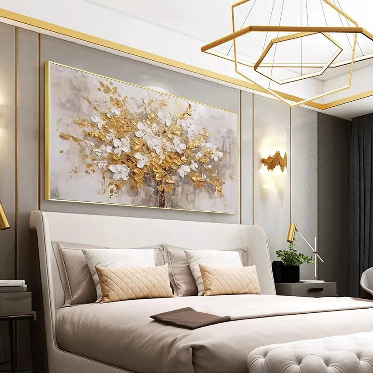GOLDEN GARDEN: Textured White and Gold Floral Impasto Painting | black frame version on white wall