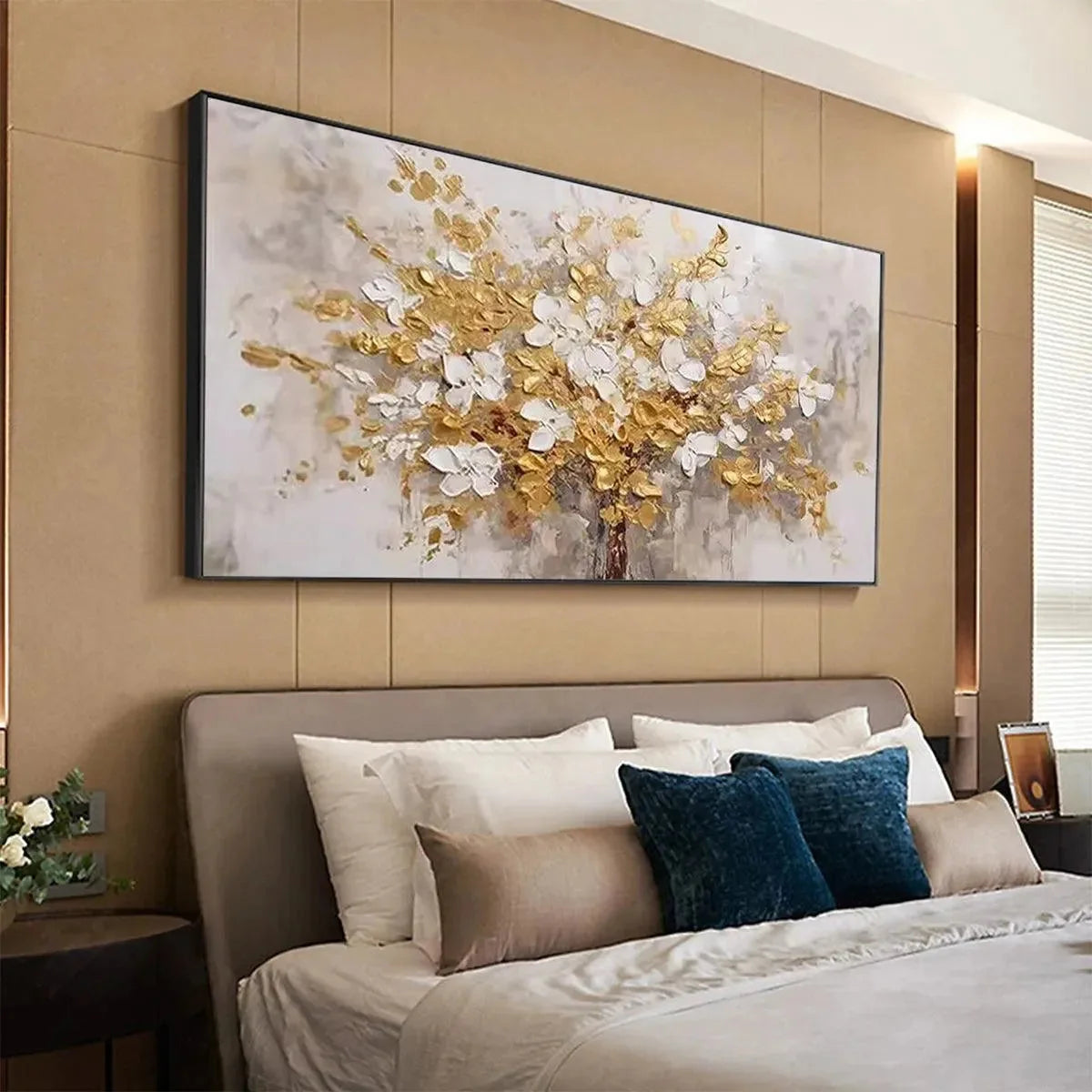 GOLDEN GARDEN: Textured White and Gold Floral Impasto Painting | Abstract mood, soft natural light studio shot