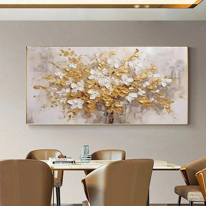 GOLDEN GARDEN: Textured White and Gold Floral Impasto Painting | yellow palette, original oil on stretched canvas art