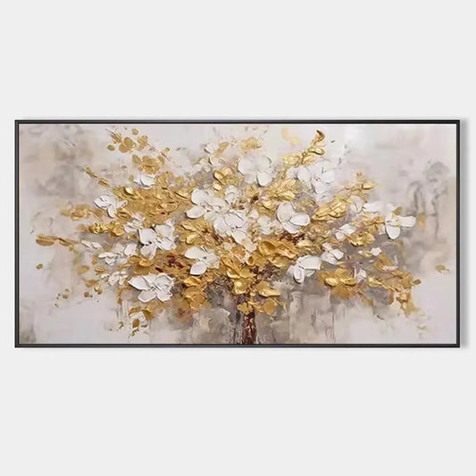 GOLDEN GARDEN: Textured White and Gold Floral Impasto Painting | hanging in living room, Abstract wall art