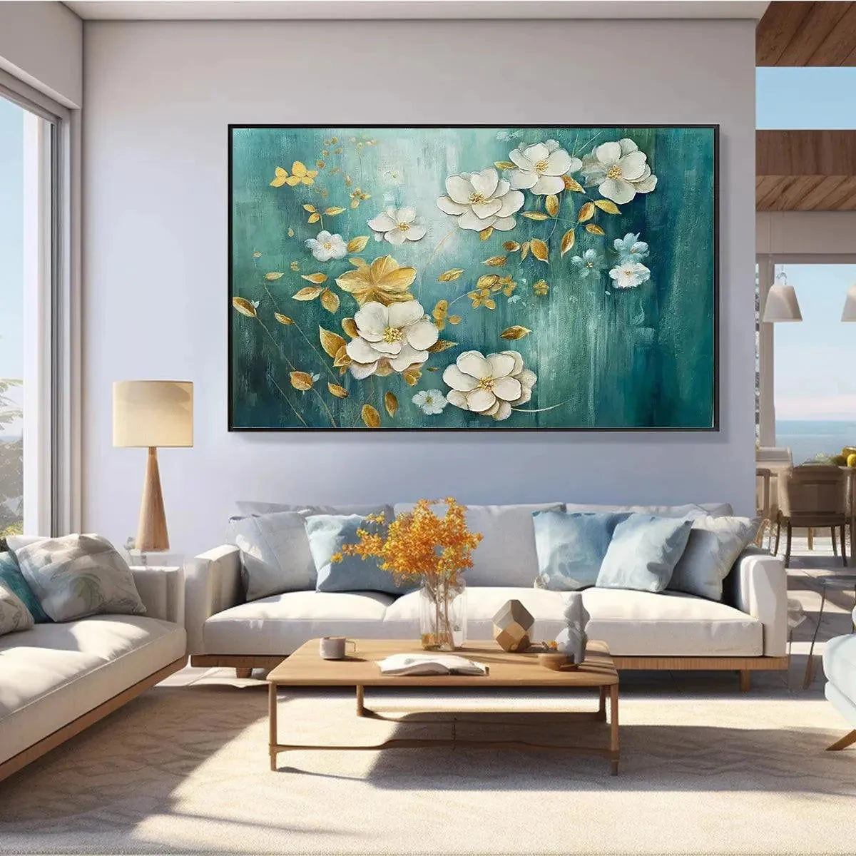 GOLDEN GARDEN: White and Gold Floral Painting, Teal Green Background Wall Art, Horizontal Canvas, Impressionist Decor | Impressionist closeup, raised brushwork detail