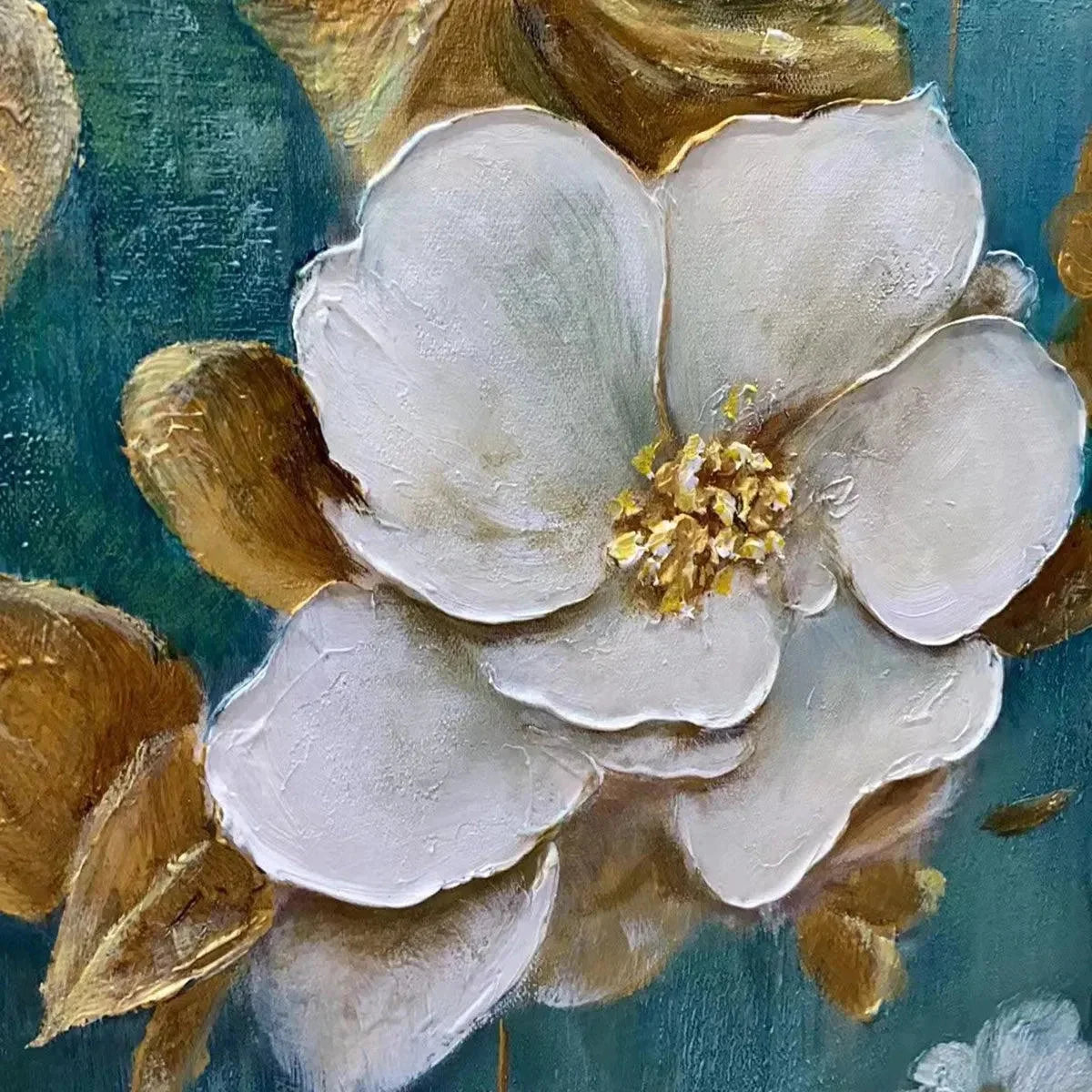 GOLDEN GARDEN: White and Gold Floral Painting, Teal Green Background Wall Art, Horizontal Canvas, Impressionist Decor | rectangular format, hand-painted canvas edge