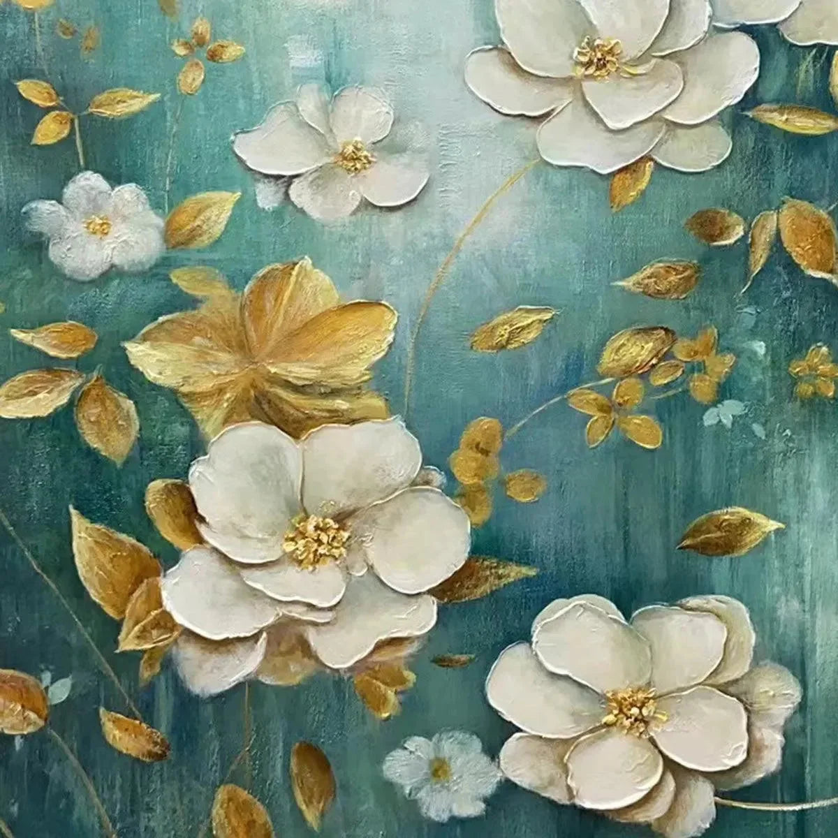 GOLDEN GARDEN: White and Gold Floral Painting, Teal Green Background Wall Art, Horizontal Canvas, Impressionist Decor | gold frame stretched on neutral wall