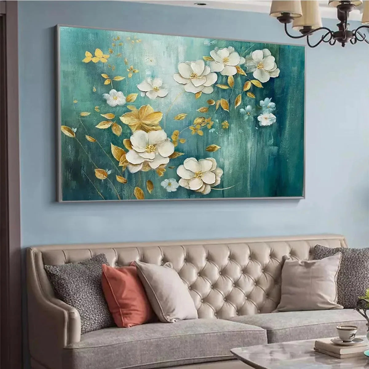GOLDEN GARDEN: White and Gold Floral Painting, Teal Green Background Wall Art, Horizontal Canvas, Impressionist Decor | rolled canvas, ready for custom framing