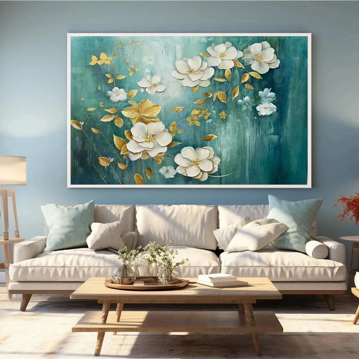 GOLDEN GARDEN: White and Gold Floral Painting, Teal Green Background Wall Art, Horizontal Canvas, Impressionist Decor | black frame version on white wall