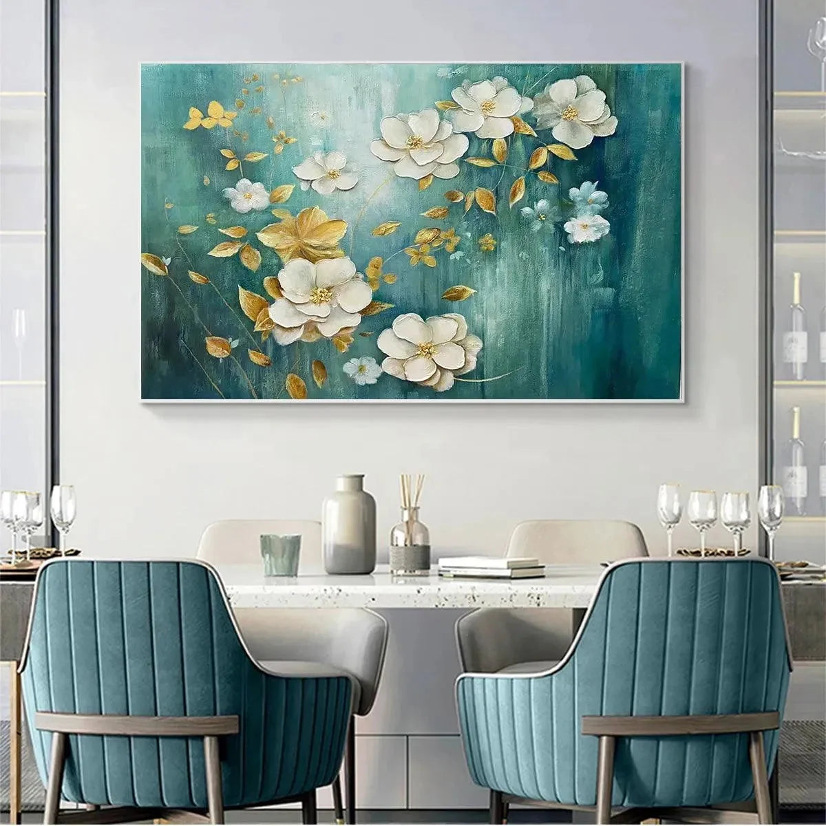 GOLDEN GARDEN: White and Gold Floral Painting, Teal Green Background Wall Art, Horizontal Canvas, Impressionist Decor | Impressionist mood, soft natural light studio shot
