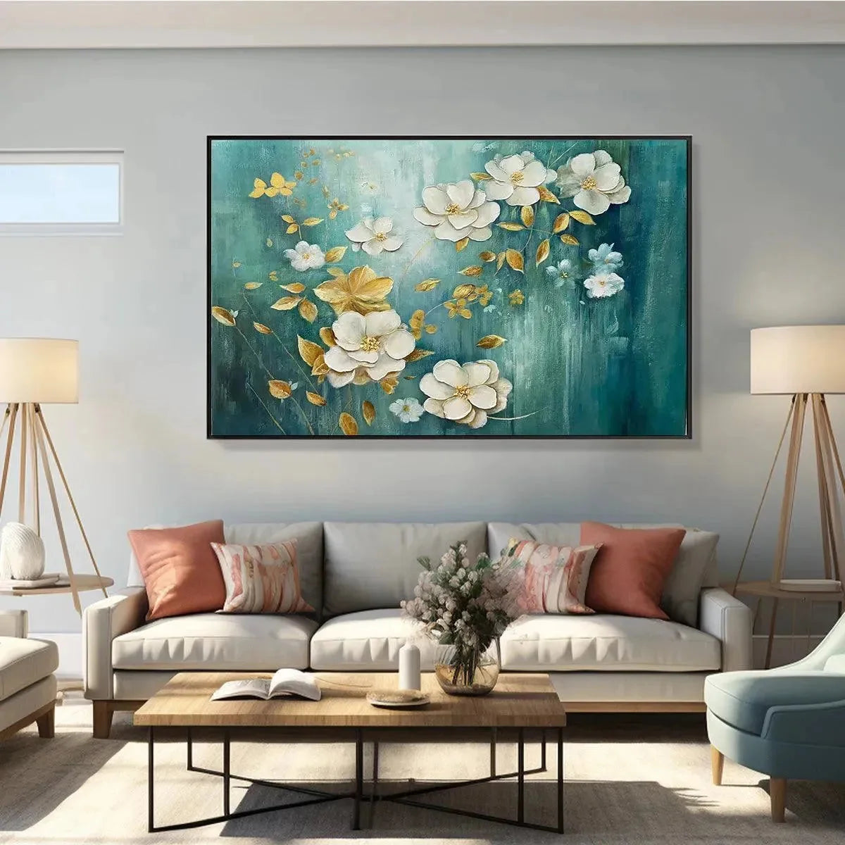GOLDEN GARDEN: White and Gold Floral Painting, Teal Green Background Wall Art, Horizontal Canvas, Impressionist Decor | green palette, original oil on stretched canvas art
